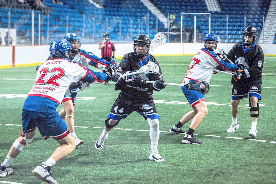 With the Western Lacrosse Association season winding down, the Langley Thunder sit in top spot following a 9-7 win over Maple Ridge on Wednesday night at Langley Events Centre. (Ryan Molag, Langley Events Centre/Special to Langley Advance Times)
