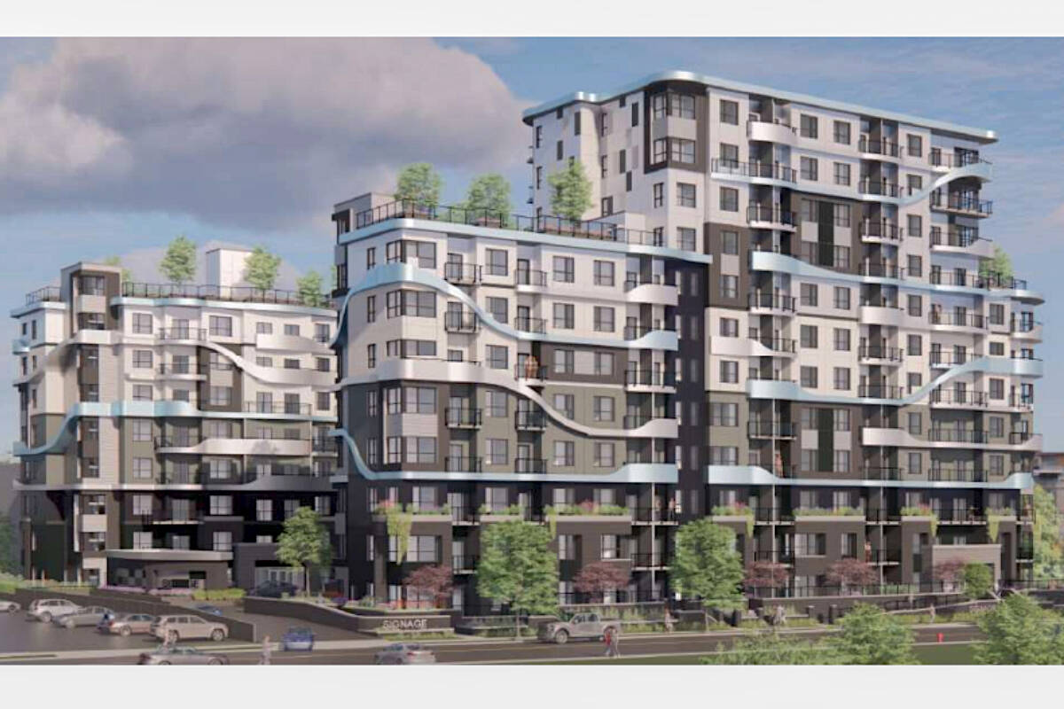 Artists impression of new 12-story 370-unit building proposed to replace the four-storey Pyramid Apartments on 5360 204th Street, which was built in 1977. (Special to Langley Advance Times)