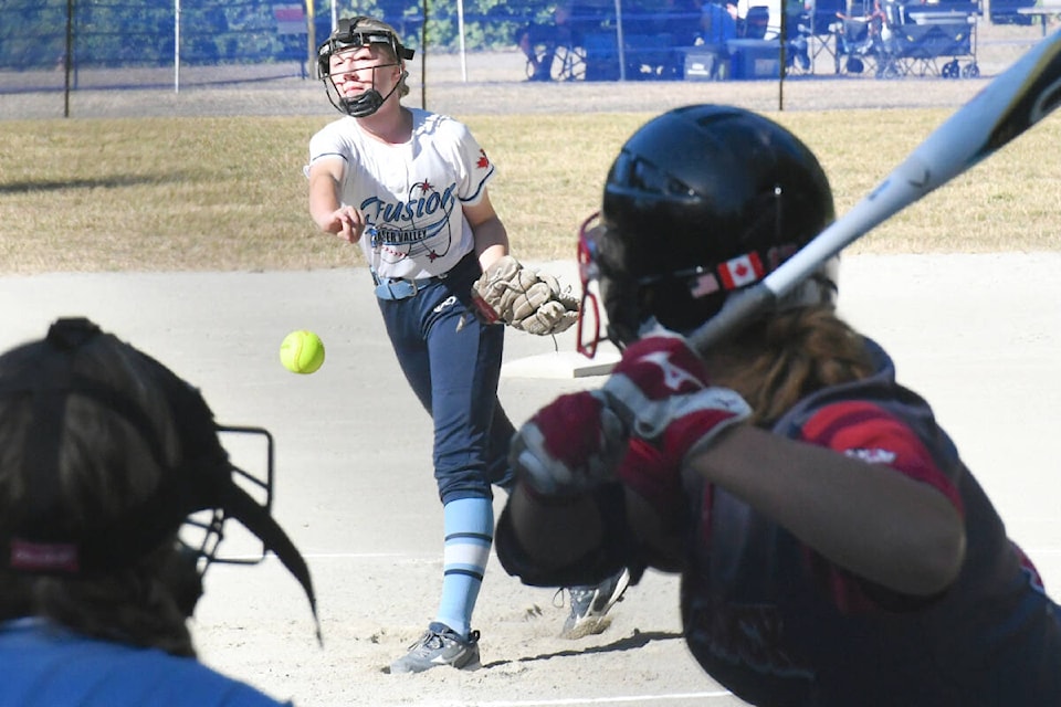 Elianna Millar pitched a winning Sunday morning game for the 91ԭ-based 2010 Fusion, as they downed White Rock Renegades, then went on to take gold at the provincial U13A fastpitch tournament, held at Noel Booth Park. (Dan Ferguson/91ԭ advance Times)