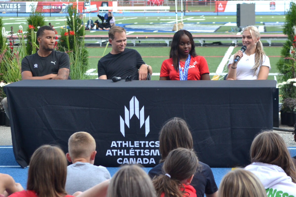 Track and field athletes competing at McLeod Athletic Park from left to right: Andre De Grasse, Nate Nate Riech, Bianca Borgella, and Georgia Ellenwood. (Kyler Emerson/Langley Advance Times)