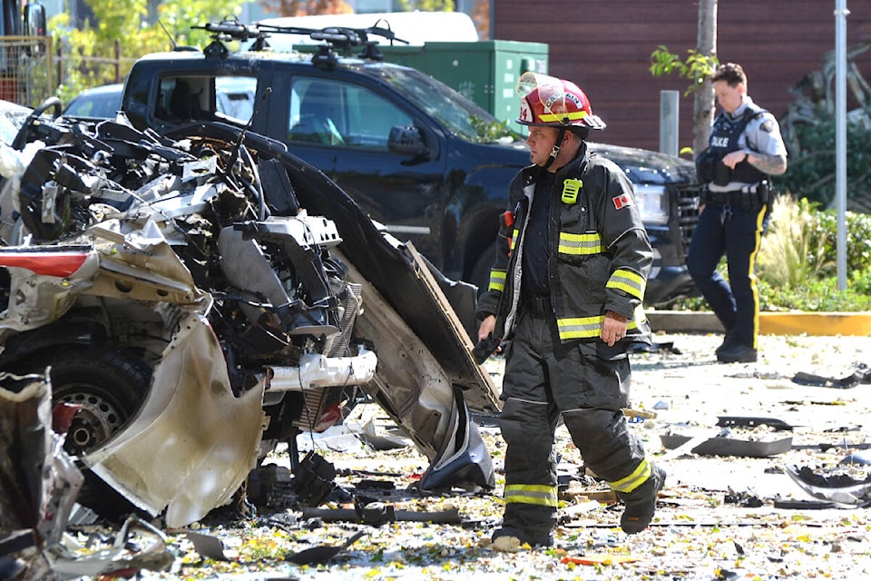 A vehicle was destroyed by a powerful blast in the parking lot in the Willoughby Town Centre on Wednesday, July 26. (Kyler Emerson/)