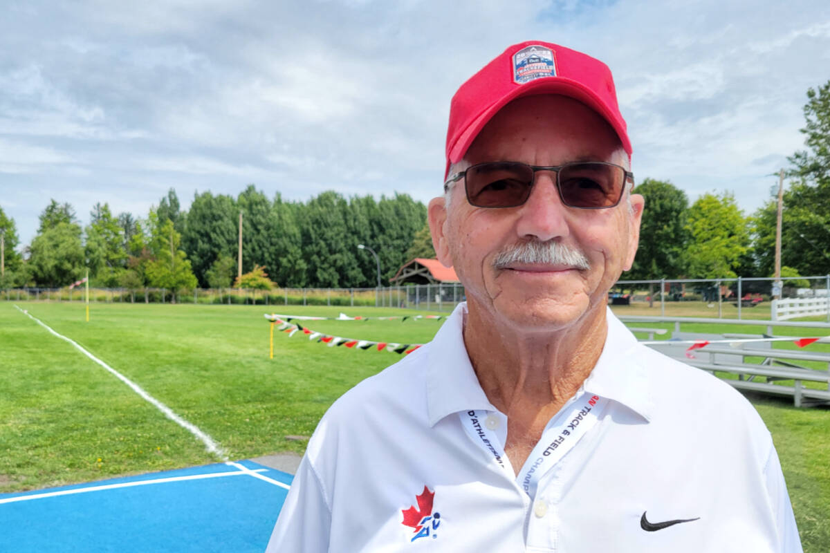 Al McLeod, an official for the track and field championships, helped call faults and metres of the women聮s javelin throw under 20 years old at the 2023 Canadian Track and Field Championships on Saturday, July 29. (Kyler Emerson/91原创 Advance Times)