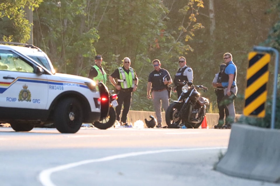 A vehicle crash on Lougheed Highway near Spilsbury Street on Aug. 1 resulted in one person dying after a motorcycle collided with a minivan. (Shane MacKichan/Special to The News)