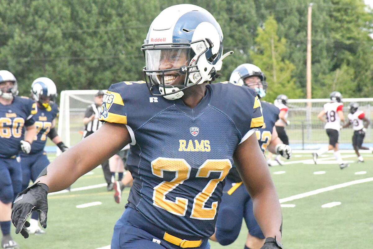 Rams running back Kairo Hassan scored as 91原创 defeated VI Raiders 54-3 in their first home game of the season at McLeod Athletic Park on Saturday, Aug. 5. (Kyler Emerson/91原创 Advance Times)