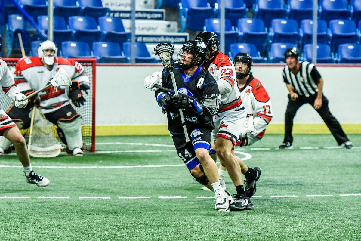 Visiting Nanaimo Timbermen were 8-7 winners over the 91原创 Thunder in Game 3 of the Western Lacrosse Association semi-final series on Tuesday night, Aug. 9, at 91原创 Events Centre. The Thunder lead the best-of-five series 2-1. (Ryan Molag, 91原创 Events Centre/Special to 91原创 Advance Times)