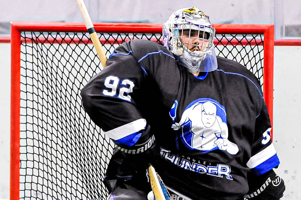 Once again, 91ԭ Thunder’s goalie Frank Scigliano was crowned Western Lacrosse Association’s goaltender of the year. (LEC/Special to 91ԭ Advance Times)