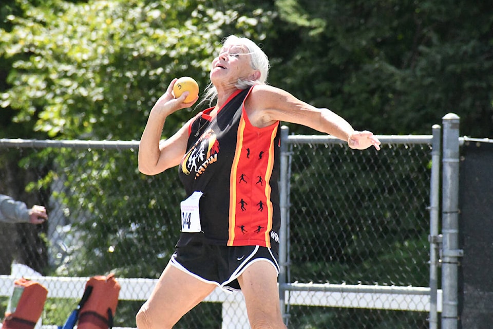 A competitor in shot put at the Canadian Masters Track and Field Championships in  on Friday, Aug. 11. The games continued through until Sunday. (Matthew Claxton/)