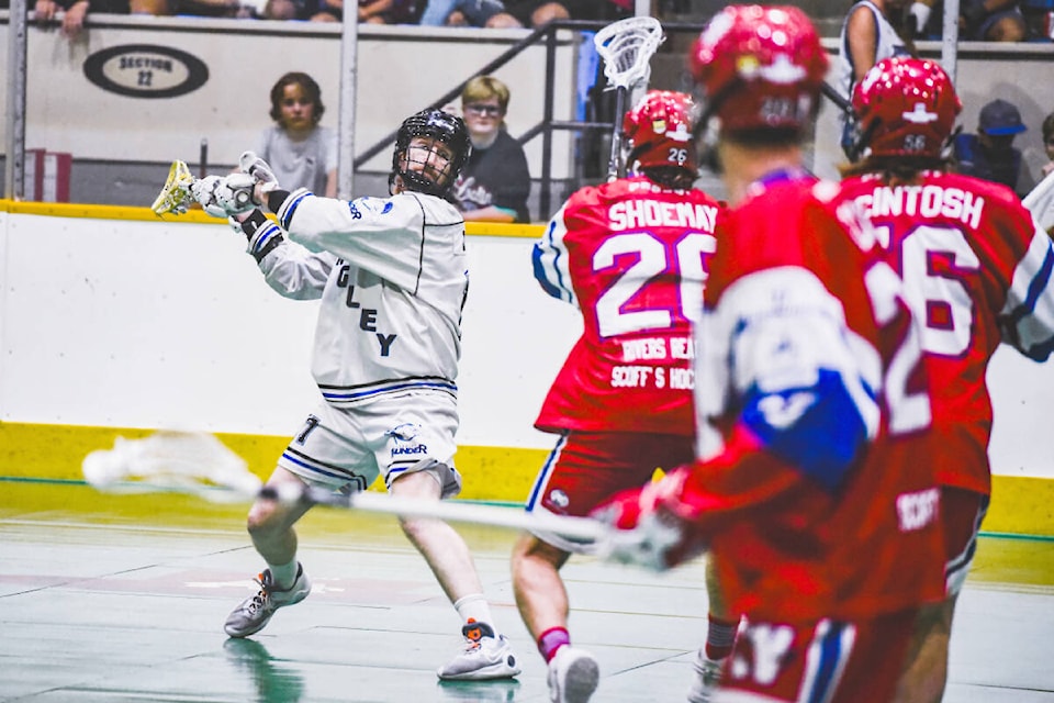  Thunder lost 11-10 in double overtime on Sunday night, Aug. 20, at New Westminster’s Queen’s Park Arena and now trail the Western Lacrosse Association Finals 2-1.(Ryan Molag/Special to )