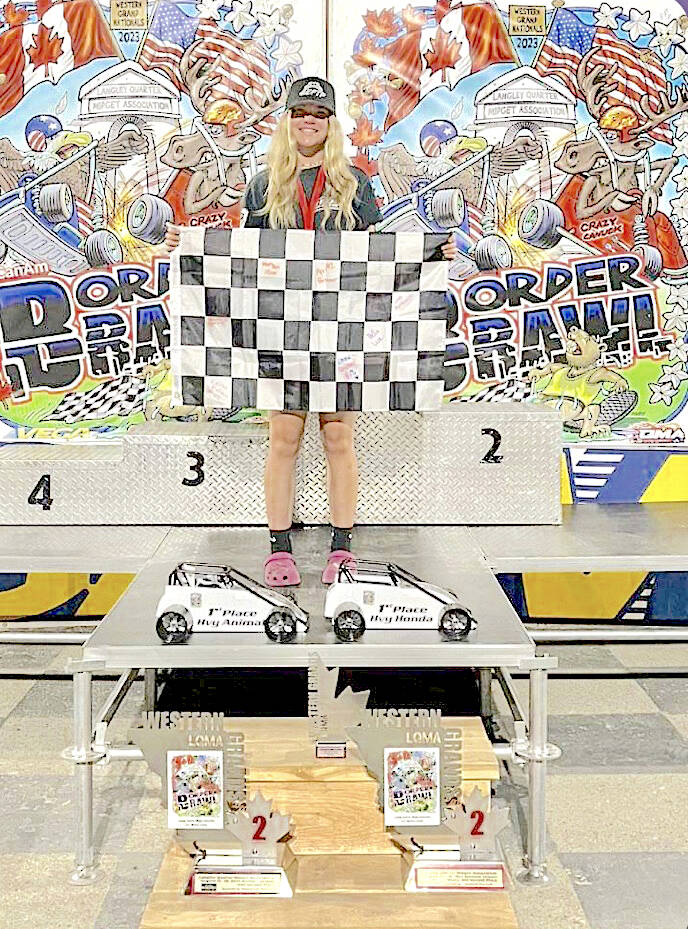 Emma Chorney with her trophies. The 15-year-old, who is retiring this year, was one of several 91ԭ drivers who achieved podium finishes at the Western Grands Border Brawl hosted by the 91ԭ Quarter Midget Association at their Aldergrove track. (Special to 91ԭ Advance Times)