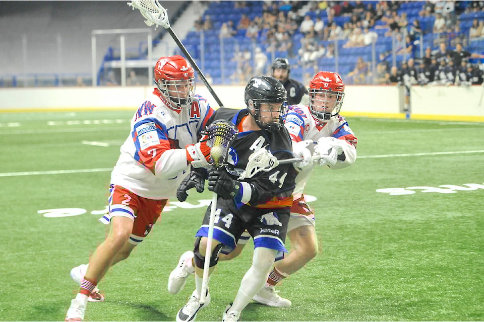 Dane Dobbie scored twice but the 91ԭ Thunder fell 9-6 in Game 6 of the Western Lacrosse Association Finals on Saturday, Aug. 26 at 91ԭ Events Centre to the New Westminster Salmonbellies, setting up a seventh and deciding game on Aug. 29 in New Westminster. Gary Ahuja LEC photo (Gary Ahuja, LEC/Special to 91ԭ Advance Times)