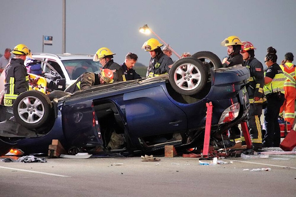 Emergency crews responded to a multi-vehicle collision at Highway 17 and 56 Street at around 7:30 p.m. Sunday (Aug. 27, 2023). (Shane MacKichan photo)