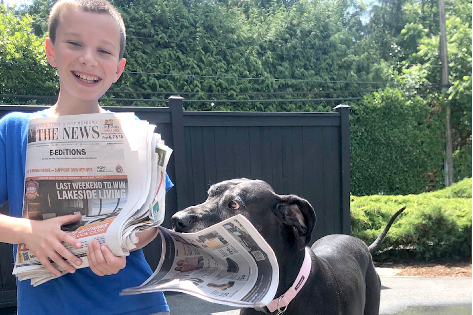 John Haydu takes his hat off to his "fabulous paperboy," Hunter. He describes his efforts as "awesome," noting Haydu's great dane Lucy loves to lend a hand (or mouth, in her case) in the delivery process along Skillen Street in Maple Ridge.