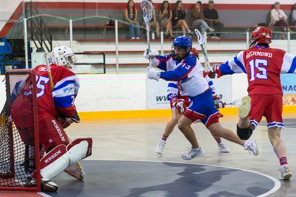Burrard Drew Andre gets a chance on goal against the Salmonbellies on June 9 , 2024.