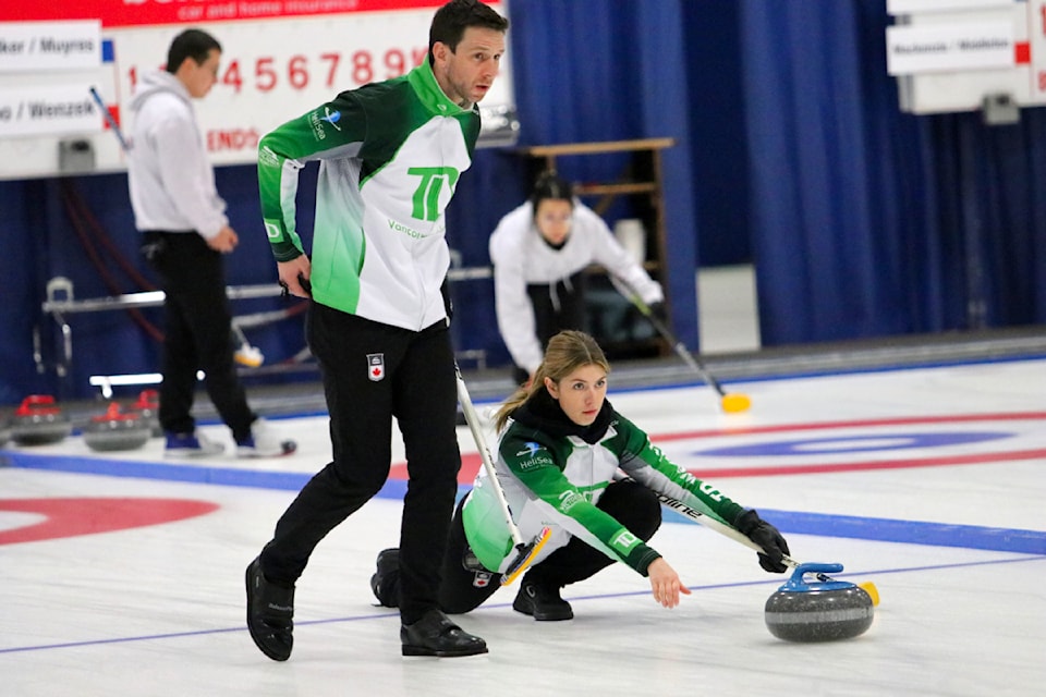 Cory Chester (left) and Taylor Reese-Hansen (right) at the qualifying event for the 2025 Canadian Mixed Doubles Trials.
