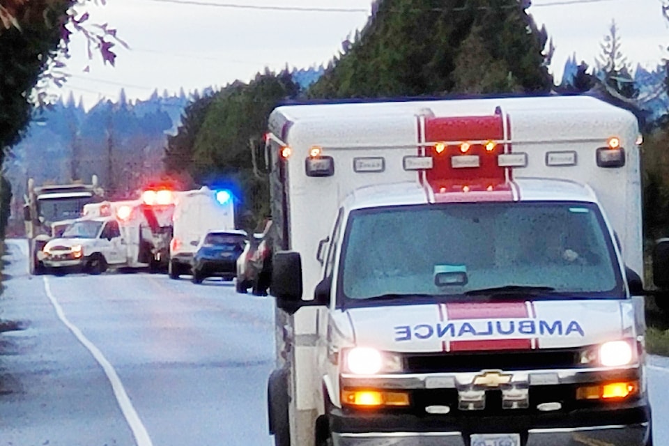 Ambulances attend a crash on 203 Street in Maple Ridge Thursday morning, Nov. 21. 