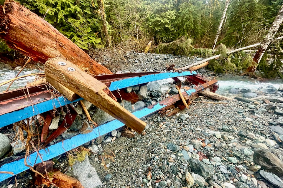 During a recent early morning hike up the West Canyon Trail in Golden Ears Provincial Park, Maple Ridge outdoorsman Ron Paley snapped some pictures of trail damage, including the washout of a 40-foot steel foot bridge that is just twisted metal now sitting about two kilometres from the trailhead. "Fingers crossed it will be repaired soon," he said, observing and sharing just some of the "serious trail erosion" and "unbelievable destruction," caused by last fall's atmospheric river. "Mother Nature in control."