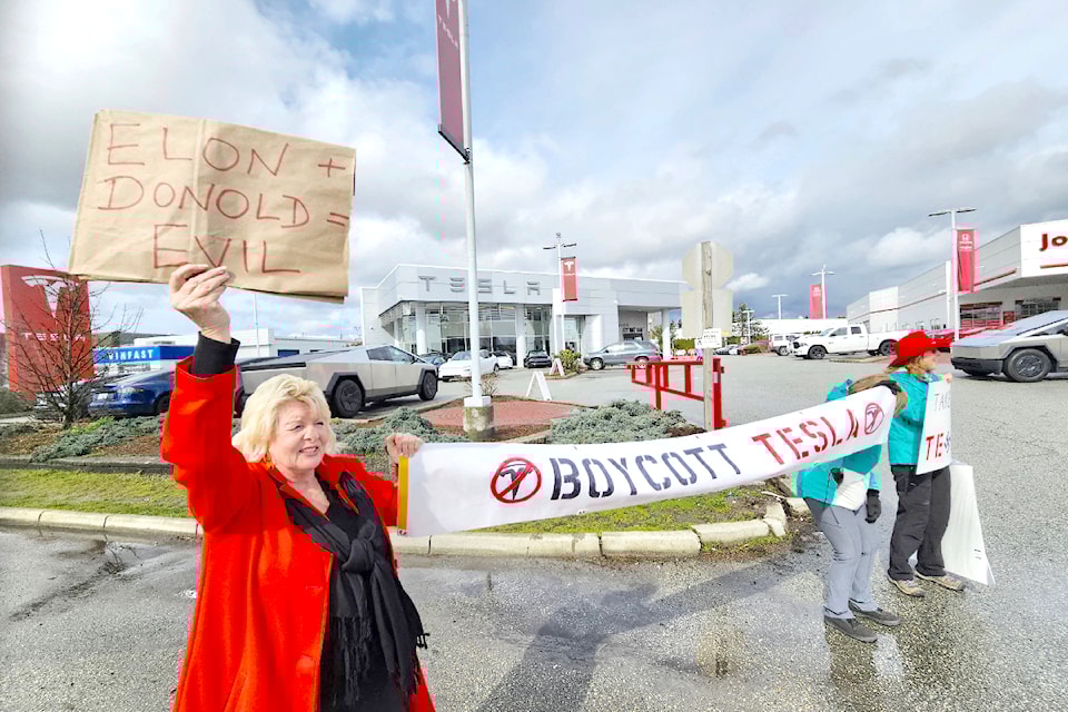 Protesters set up last month in front of the Tesla dealership on the Langley-Surrey border.