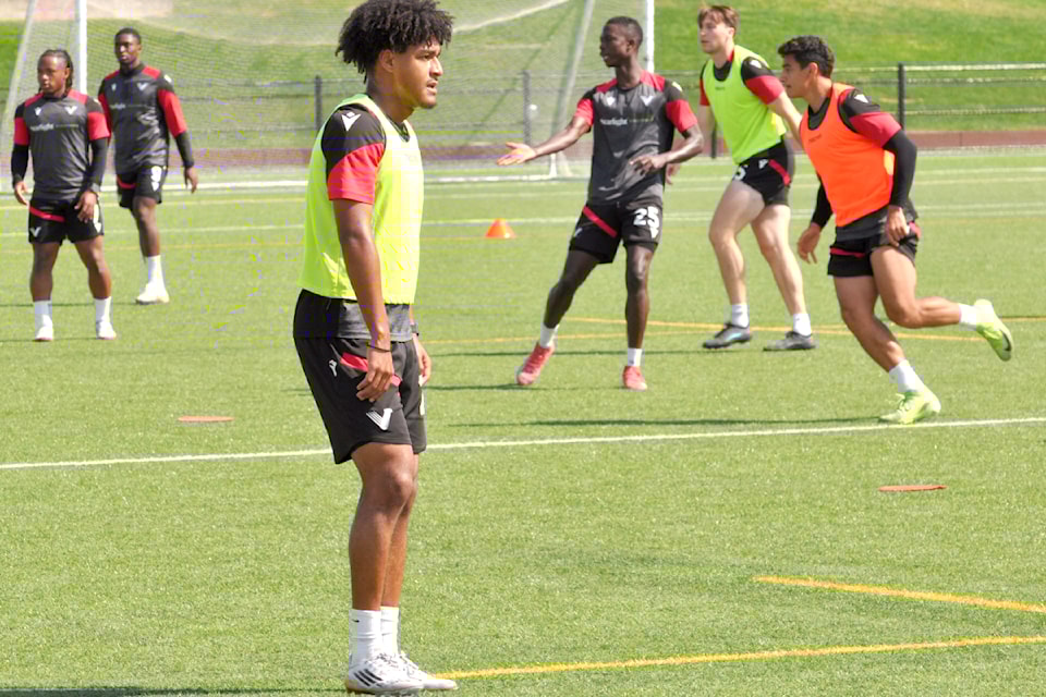 T.J. (front) during training last week with the Vancouver FC Eagles at Willoughby Community Park. 