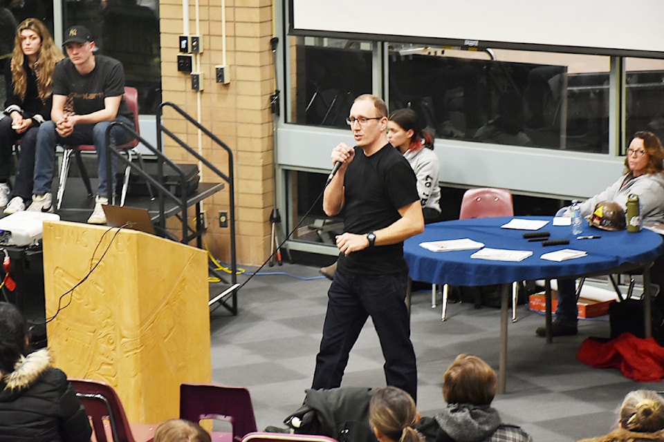 Brad Dingler SD42's trades and apprenticeship coordinator, addresses the crowd at the Trades Showcase in 2023. 