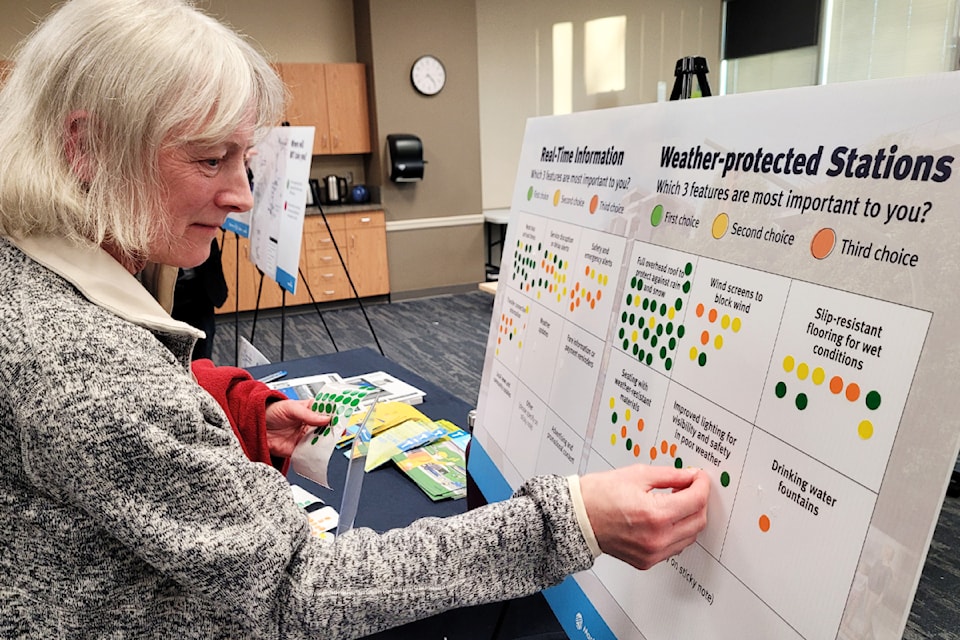Jackie Chow of Hub Cycling Ridge Meadows marks her priorities at the BRT open house.