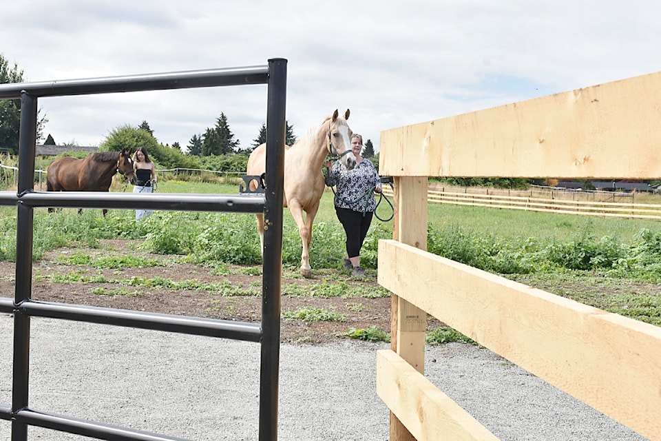 Julie Matijiw, right, program and general manager with the North Fraser Therapeutic Riding Association, leads Tala to their new paddock. 