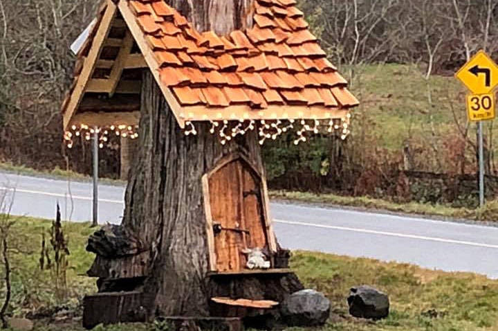 Hobbit house made out of the stump of an old cedar that was cut down by Fortis B.C. in December last year for public safety reasons. (Contributed)