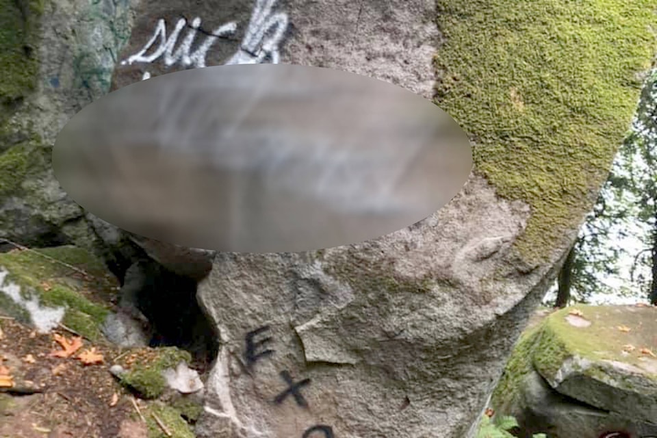 Vandals wrote an inflammatory term on a boulder outside of the hot spring source in Harrison Hot Springs earlier this week. Suspicious activity can be reported to the local detatchment by calling 604-796-2211. (Facebook/Life in Agassiz)