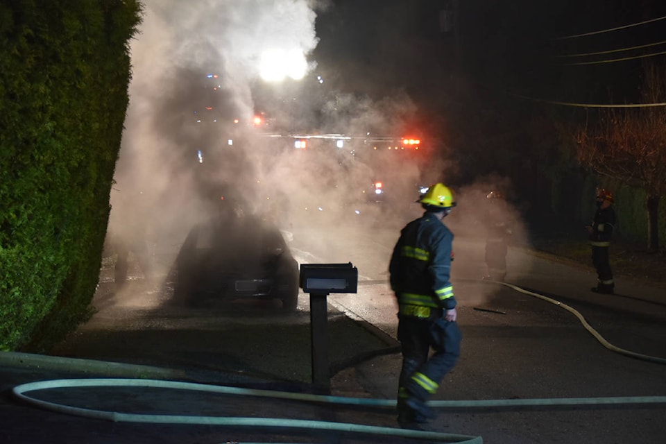 Around 8 p.m. Monday, Dec. 29, 2020 Township of Langley crews responded to multiple reports of a vehicle fire in the 21400-block of 76th Avenue in the Yorkson neighbourhood, shortly after a shooting was reported in Surrey. (Curtis Kreklau/Special to Langley Advance Times)