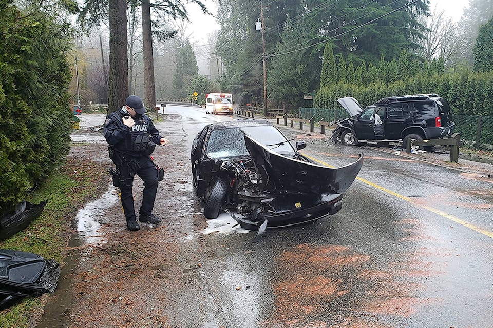 Three people were sent to hospital after a serious car crash on 132 Ave in Maple Ridge early Monday afternoon. (Neil Corbett/ The News)