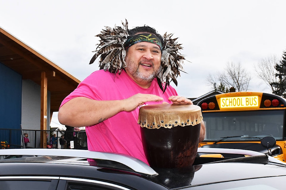 Members of Katzie First Nation got into the spirit of Pink Shirt Day with honking, car decoration, and drumming. (Ronan O’Doherty/ The News)