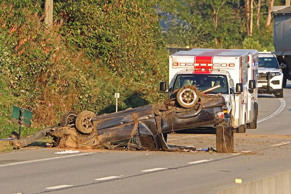 One person was airlifted to hospital after a single-vehicle rollover crash in the 264000 block of Lougheed Highway, near Spilsbury Street, on Aug. 31, 2021. (Shane MacKichan/Special to The News)