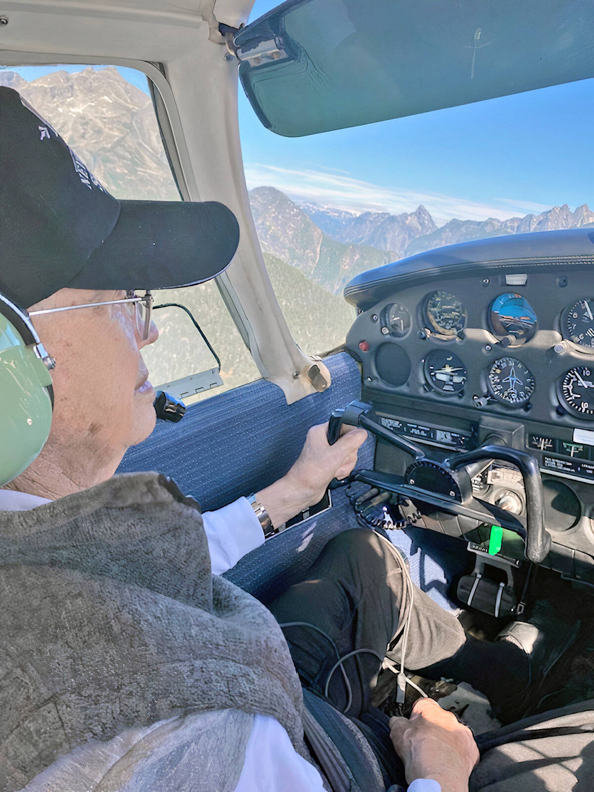 An adventurous Walter Martens is seen at the controls of his first flying lesson, a 101st birthday present, from the Langley airport on Saturday, Sept. 25. (Special to Langley Advance Times)