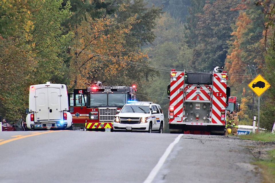 Two people were taken to hospital following an Oct. 16 Saturday afternoon crash involving a car and a panel van near 280th and Lougheed in Maple Ridge. (Shane MacKichan/Special to Langley Advance Times)