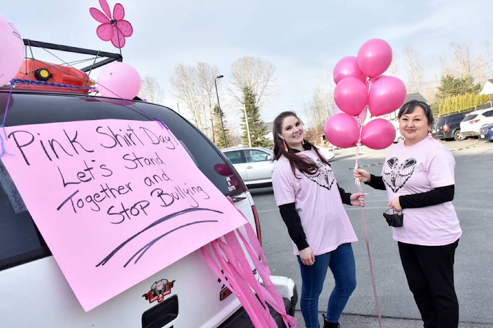 Natasha Cook, left, Katzie First Nation education coordinator and organizer of the Honk Parade in honour of Pink Shirt Day, and Katzie First Nation Chief Grace George, say lateral kindness is very important in the combat against bullying. (Colleen Flanagan/The News)
