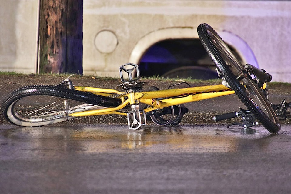 A 50-year-old man was taken to hospital with undetermined injuries after he was hit by a minivan while riding a bicycle in the area of Lougheed Hwy. and 216th St. in Maple Ridge on Saturday night, Feb. 26. (Shane MacKichan/Special to Maple Ridge – Pitt Meadows News)