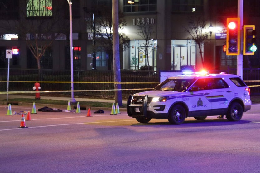 The Mounties’ Criminal Collision Investigation Team was in the Newton area Thursday night (March 24, 2022) after a pedestrian was struck near 80 Avenue and 128 Street. (Shane MacKichan photo)