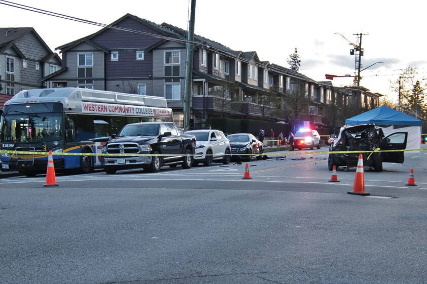 One person died in a multi-vehicle collision on 108 Avenue Tuesday (April 19). (Shane MacKichan photo)