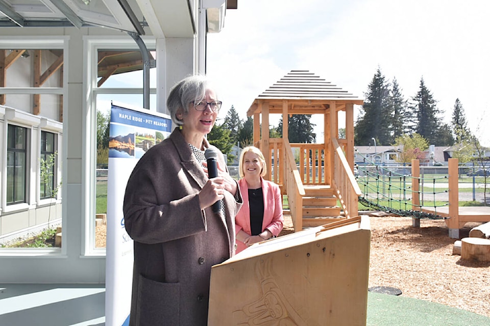 Minister of Education and Child Care Jennifer Whiteside spoke at the opening of Fundamentals Childcare Centre on the grounds at Davie Jones Elementary on Friday morning, May 6. (Colleen Flanagan/The News)