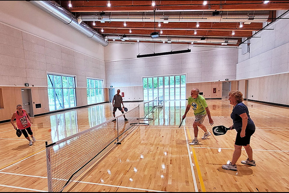 A group plays one of the first pickleball games in the new Albion Community Centre. (Neil Corbett/The News)