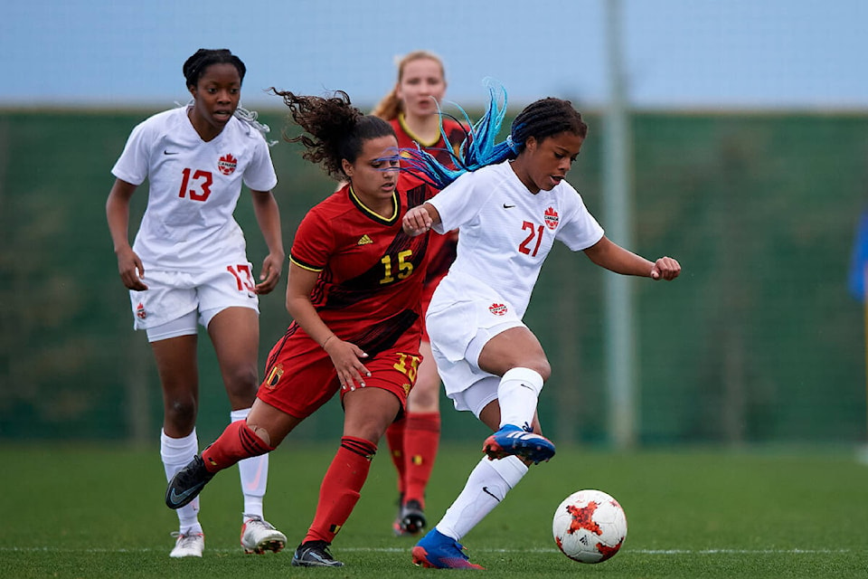 Jaime Perrault (right) helped Canada’s Women’s U-17 team finish third at the 2022 Concacaf Women’s Under-17 Championship. (Ed Perrault Twitter/Special to The News)