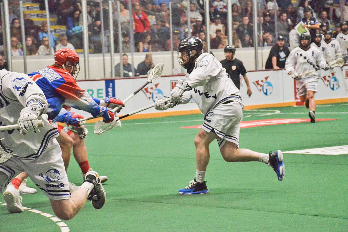 Lakers stormed back to win a 13-9 victory over Langley Thunder and their fourth consecutive Mann Cup championship Saturday night (Sept 17) at the Peterborough Memorial Centre. (Gary Ahuja/Langley Thunder photo)