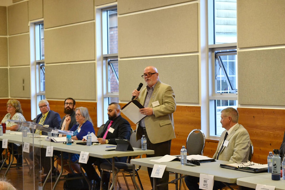 From left to right: Gwen O’Connell, Mike Manion, Bryce Casidy, Janis Elkerton, Jag Parmar, Bob Meachen, and Brad Perrie, spoke on topics ranging from climate change to RCMP detachments in Wednesday’s all candidates meeting. (Brandon Tucker/The News)