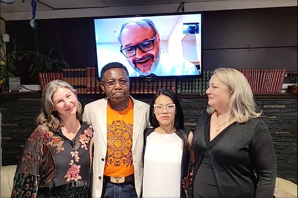 Dan Ruimy had to attend the election night celebration by Zoom due to illness, but there was a good crowd at Bean Around Books to celebrate with the new mayor and councillors Sunny Schiller, Onyeka Dozie, Jenny Tan and Korleen Carreras. (Neil Corbett/The News)