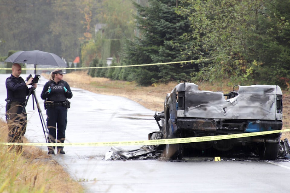 Police believe a burned out Ford F150 pickup truck, found near 232nd Street and 76th Avenue a short time later, is likely connected with the fatal shooting Thursday night in Willoughby. (Shane MacKichan/Special to Langley Advance Times)