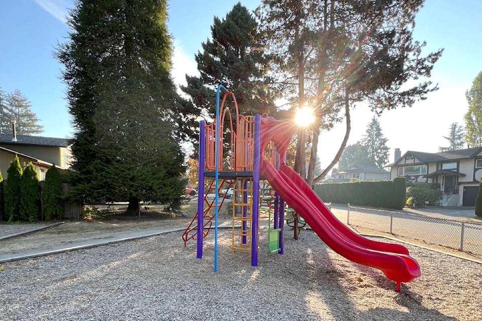 Christine J. Logan was impressed with the morning sun peeking through the trees at Maple Ridge’s Chilcotin Park, casting large shadows on the neighbourhood playground or what the district calls a mini park. (Special to The News)