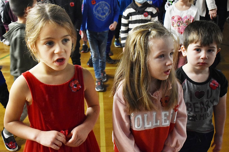 Students at Golden Ears Elementary sing O’Canada at the beginning of a Remembrance Day assembly Wednesday morning. (Colleen Flanagan/The News)