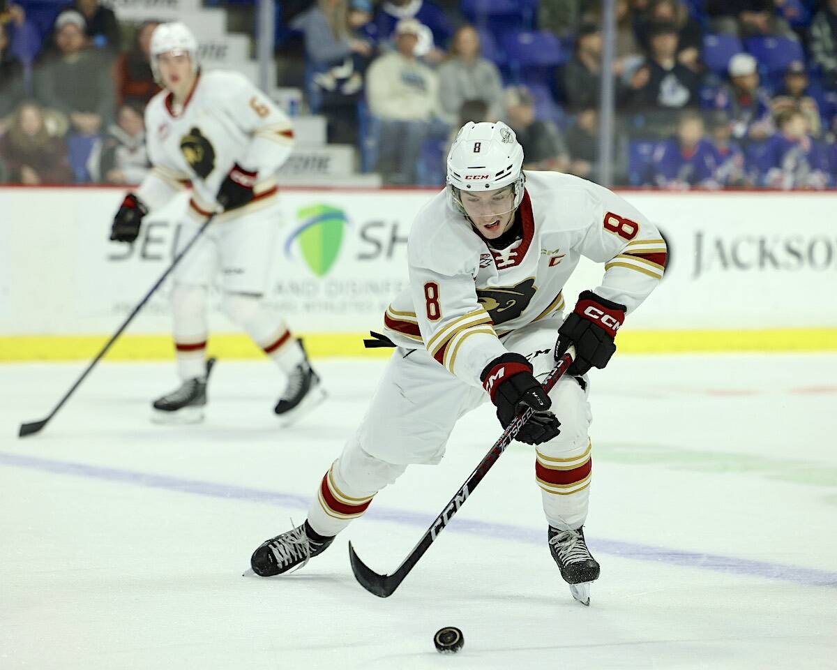 Colton Roberts and Ty Thorpe in action against Tri-City Sunday afternoon, Jan. 15 at Langley Events Centre. Giants lost 7-3. (Rob Wilton/Special to Langley Advance Times)