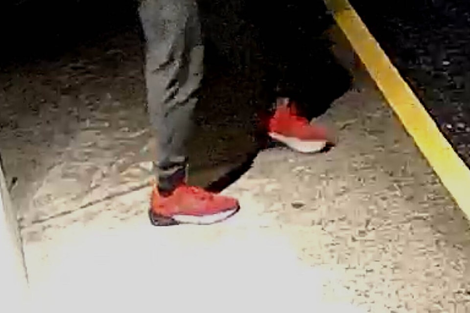 One suspect is wearing distinctive red shoes. (Ridge Meadows RCMP/Special to The News)