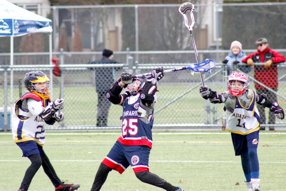 The Ridge Meadows Burrards team in the white division beat the Coquitlam Adanacs 2-1 on Feb. 5, to win the bronze medal in the finals of the 2023 U11 Lacrosse Provincials. (Brandon Tucker/The News)