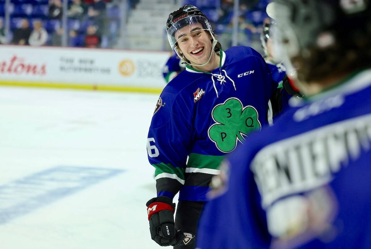Colton Roberts made it 2-0 with a shot from the boards for the Vancouver Giants as they downed the Silvertips 3-0 in their first of two meetings this weekend on Friday March 17 at Langley Events Centre. (Rob Wilton/Special to Langley Advance Times)
